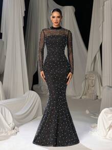 Faeriesty Pearl Embellished High Neck Fishtail Hem Formal Party Dress - Black - View 4