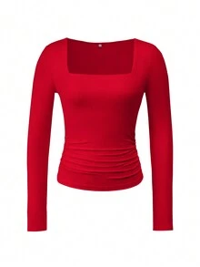 Vaiaye 女士春夏 Y2K 方领长袖修身 T 恤，纯色性感上衣，适合情人节休闲穿着 - 紅色 - 查看 3