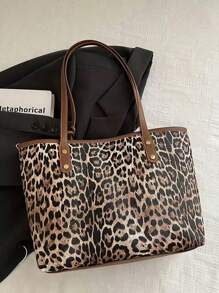 两件套女士大容量豹纹手提包，时尚复古PU单肩包，适合女大学生、新手和白领家庭，适合办公室、学院、工作、商务、通勤、户外、旅行、郊游，女士猎豹印花包豹纹回归 - 棕色 - 查看 7