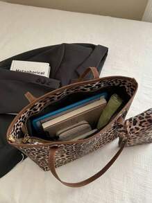 两件套女士大容量豹纹手提包，时尚复古PU单肩包，适合女大学生、新手和白领家庭，适合办公室、学院、工作、商务、通勤、户外、旅行、郊游，女士猎豹印花包豹纹回归 - 棕色 - 查看 8