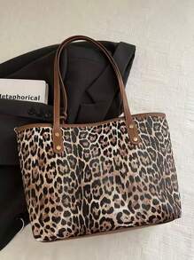 两件套女士大容量豹纹手提包，时尚复古PU单肩包，适合女大学生、新手和白领家庭，适合办公室、学院、工作、商务、通勤、户外、旅行、郊游，女士猎豹印花包豹纹回归 - 棕色 - 查看 11