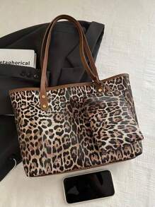 两件套女士大容量豹纹手提包，时尚复古PU单肩包，适合女大学生、新手和白领家庭，适合办公室、学院、工作、商务、通勤、户外、旅行、郊游，女士猎豹印花包豹纹回归 - 棕色 - 查看 10