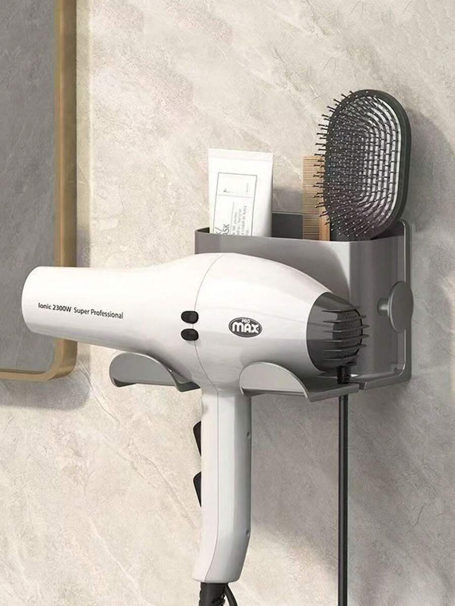 1 pieza Soporte para secador de pelo de pared sin orificios de perforación, organizador de baño para secador de pelo, peine, pasta de dientes