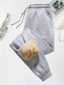 Men's Solid Plain Casual Warm Fleece Drawstring Pants - Grey - View 4
