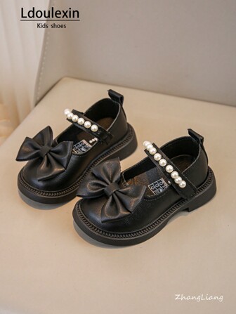 新款女童珍珠蝴蝶结装饰平底公主鞋，儿童皮鞋