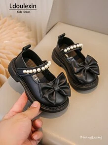 New Girls Pearl Bow Decor Flat Princess Shoes, Children Leather Shoes