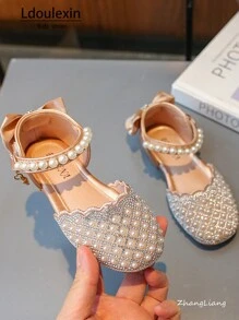 Nova chegada meninas princesa sapatos baixos peep-toe, pérola falsa e strass decoração borboleta crianças festa vestido sapatos, versátil para casual, festa, festival