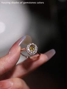 1 chiếc nhẫn bạc Sterling 925 mạ vàng hồng sang trọng thanh lịch khảm đá Zirconia và Beryl vàng, thiết kế hoa, thích hợp cho hẹn hò, đám cưới, tiệc tùng và các dịp trang trọng Ngày lễ tình nhân - Màu vàng - Xem 1