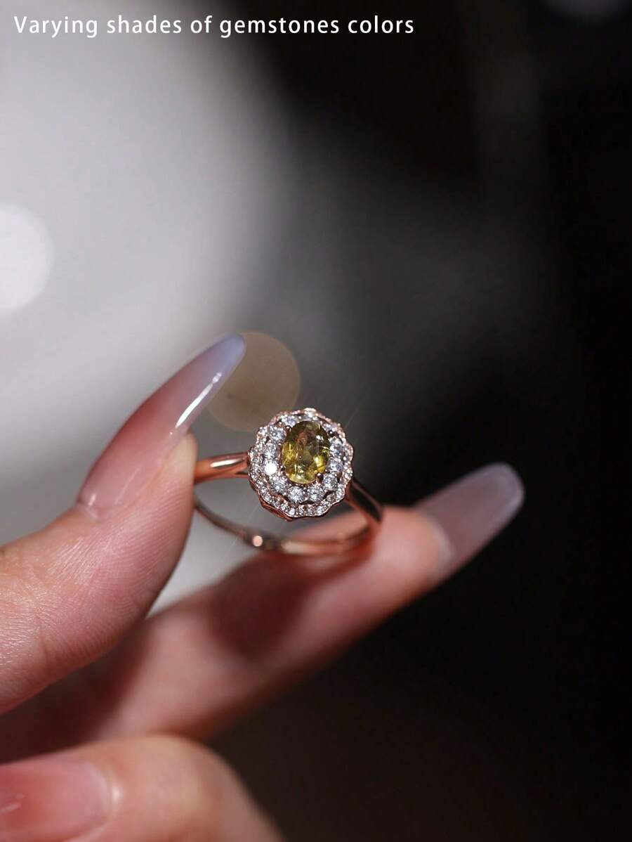 1 chiếc nhẫn bạc Sterling 925 mạ vàng hồng sang trọng thanh lịch khảm đá Zirconia và Beryl vàng, thiết kế hoa, thích hợp cho hẹn hò, đám cưới, tiệc tùng và các dịp trang trọng Ngày lễ tình nhân - Màu vàng - Xem 1