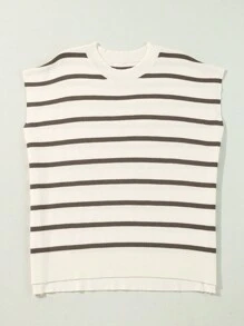 Acelitt Khaki Color Block Stripe Side Slit Crew Neck Short Sleeve Sweater T-Shirt - Khaki - View 3