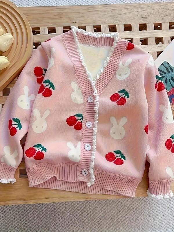 M.Dian xi Casaco de Malha com Decote em V para Meninas Jovens, Novo Estilo Coreano de Vestuário Infantil para Primavera e Outono, Casaco de Moletom Forrado com Babados em Formato de Morango, Casaco de Inverno Quente para Meninas Jovens