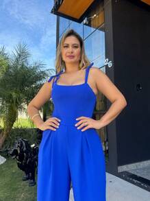 Jumpsuit Long Casual Premium Loose Wide Leg Pants Women's Adjustable Straps Straight Cut Wide Hem Elegant Duna Fabric - Màu xanh hải quân - Xem 3