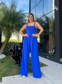 Jumpsuit Long Casual Premium Loose Wide Leg Pants Women's Adjustable Straps Straight Cut Wide Hem Elegant Duna Fabric - Màu xanh hải quân - Xem 2