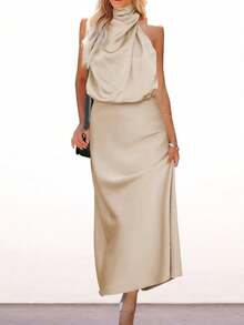 Solid Draped Front Satin Dress - Apricot - View 5