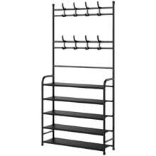 Freestanding Coat Rack With Shoe Bench And Removable Hooks - Multifunctional Entryway Furniture (Black/White) (SHOE-001) - Black - View 4