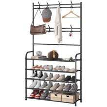 Freestanding Coat Rack With Shoe Bench And Removable Hooks - Multifunctional Entryway Furniture (Black/White) (SHOE-001) - Black - View 2