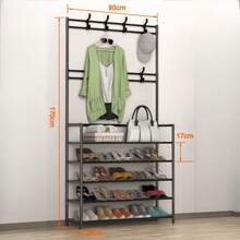 Freestanding Coat Rack With Shoe Bench And Removable Hooks - Multifunctional Entryway Furniture (Black/White) (SHOE-001) - Black - View 3