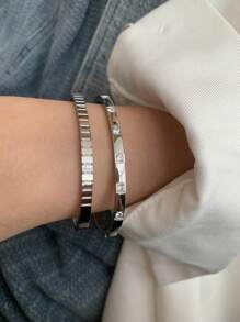 1/2pcs Stainless Steel Silver Cubic Zirconia Stacked Bracelet Set For Women, Hypoallergenic High Color Retention Daily Wear, Gift - Silver - View 8
