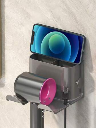 1个免钻孔壁挂式吹风机支架，适用于浴室收纳，可放置吹风机、梳子、牙膏等，浴室用品，浴室工具