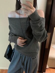 小众露肩宽松针织女式毛衣，休闲风格，适合秋冬春季穿着。 - 灰色 - 查看 3