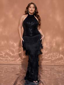 Black Sequin Tassel Halter Plus Size Evening Gown - Black - View 2