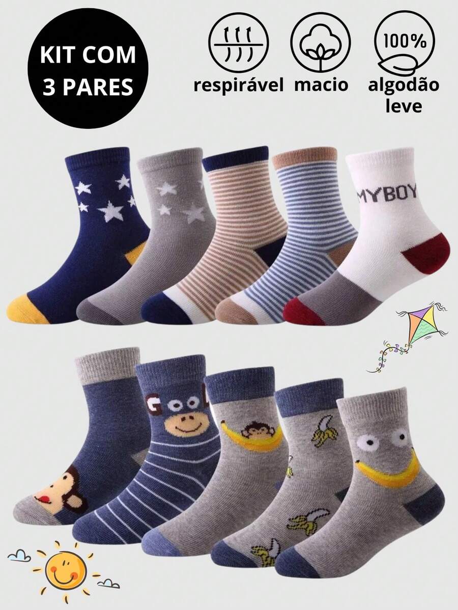 Kit 3 Pairs Of Premium Line Long Ankle Socks For Children And Youth - Assorted Printed Colors - 彩色 - 查看 1