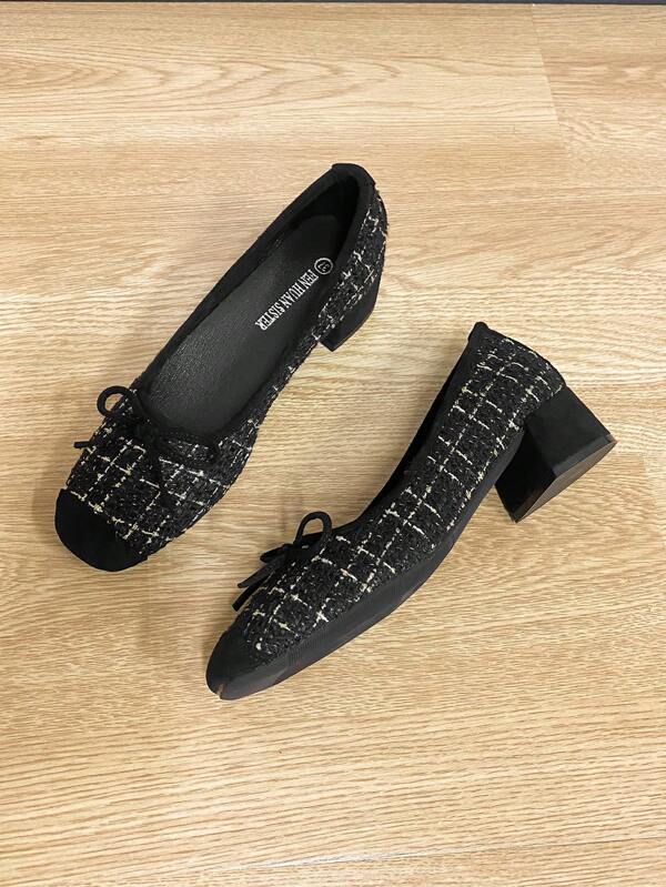 Zapatos de mujer con punta cuadrada y tacón grueso, bailarinas versátiles con lazo, mocasines de moda, tacones altos a cuadros en negro y dorado, tacones altos y puntiagudos para mujer, talla un número talla grande grande