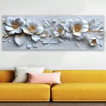 1 יחידה עלי זהב פוסטר והדפסים של פרחים לבנים, ציור קנבס 3D, תמונות אמנות קיר לסלון לחדר שינה עיצוב משרד לא ממוסגר 50x150 ס"מ/19.68x59.05 אינץ' - ריבוי צבעים - ראה 6