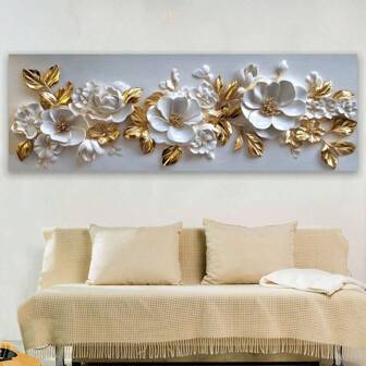 1 幅金叶白花海报和印刷品、3D 帆布画、墙壁艺术画，适用于客厅、卧室、办公室装饰，无框 50x150 厘米/19.68x59.05 英寸