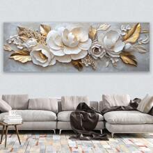 1 יחידה עלי זהב פוסטר והדפסים של פרחים לבנים, ציור קנבס 3D, תמונות אמנות קיר לסלון לחדר שינה עיצוב משרד לא ממוסגר 50x150 ס"מ/19.68x59.05 אינץ' - ריבוי צבעים - ראה 4