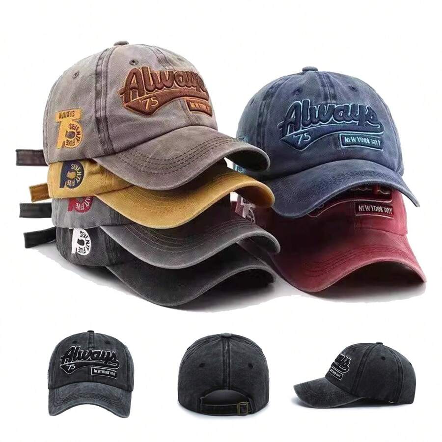1pc Men's Letter Embroidery Baseball Cap, Outdoor Sun Protection Distressed Soft Top Hat - Multicolor - View 1