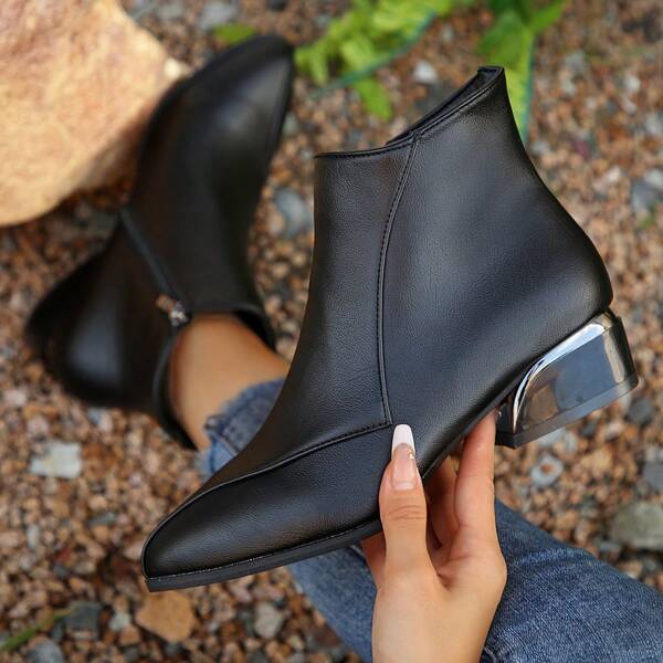 1 Pair Women's Pointed Toe PU Leather Side Zipper Chunky Heel Casual Fashion Ankle Boots