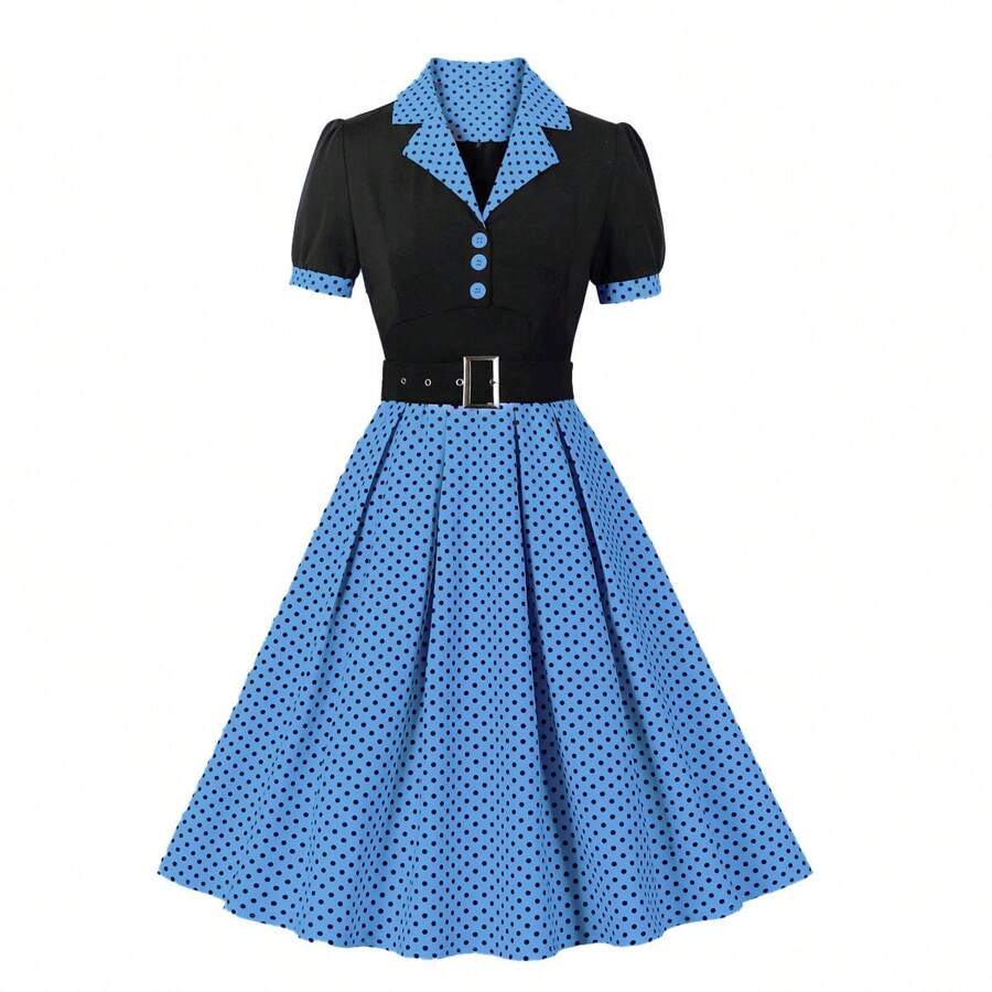 Women 1950s Elegant Casual Dot Print With Belt Dress Midi Shirt Dress Cocktail Dress For Women