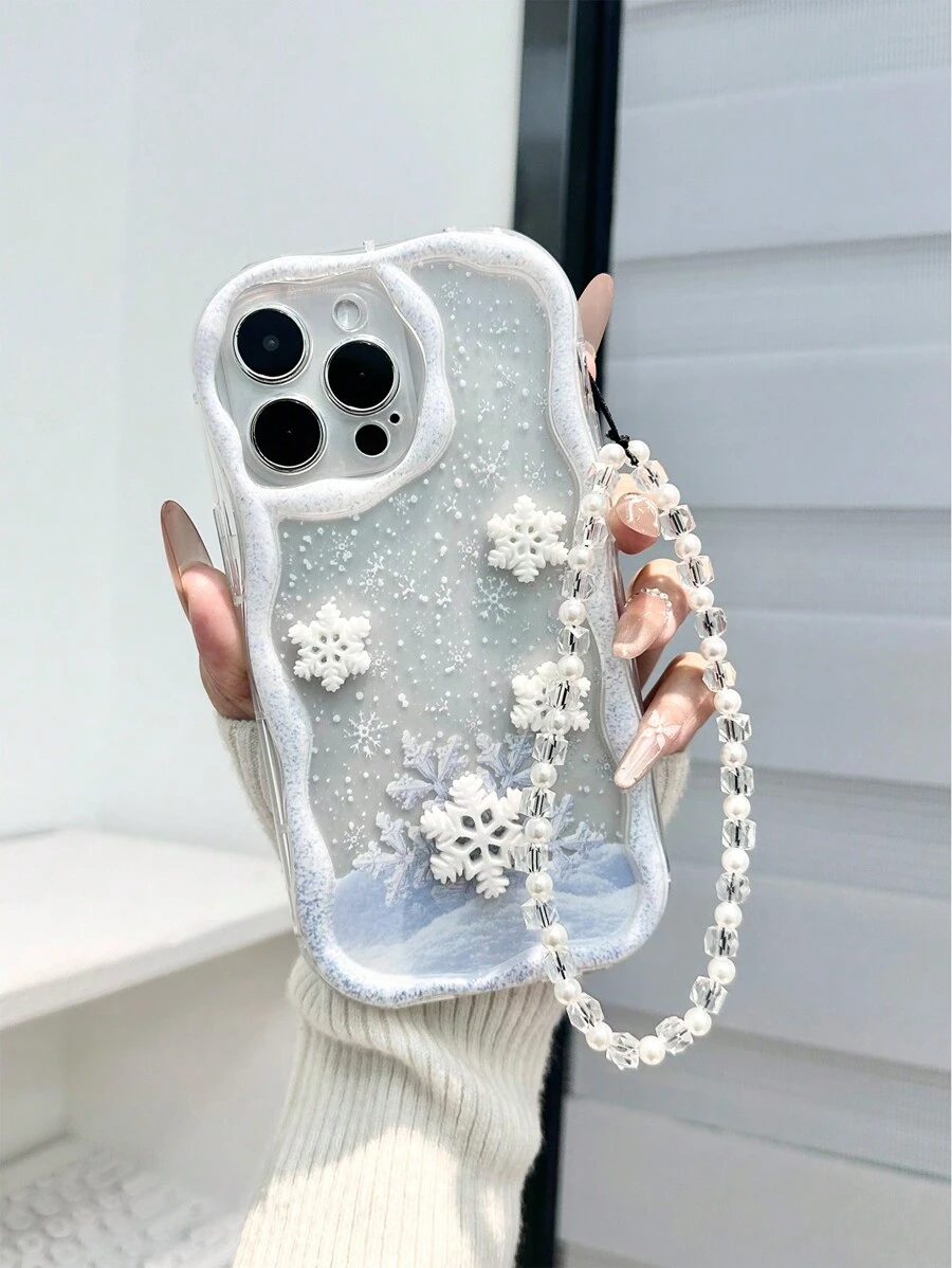 DIY奶油质感波浪边亮面雪花彩绘卡通3D装饰防震手机壳，配手工串珠手链，兼容 XR/7/8、 16/16 Pro/16 Plus/16 Pro Max、 15、 15 Pro Max、 13、 14、 11、Galaxy S24、Galaxy S24+、Galaxy S24 Ultra、Galaxy S22。 - 彩色 - 查看 1