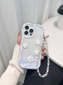 DIY奶油质感波浪边亮面雪花彩绘卡通3D装饰防震手机壳，配手工串珠手链，兼容 XR/7/8、 16/16 Pro/16 Plus/16 Pro Max、 15、 15 Pro Max、 13、 14、 11、Galaxy S24、Galaxy S24+、Galaxy S24 Ultra、Galaxy S22。 - 彩色 - 查看 2