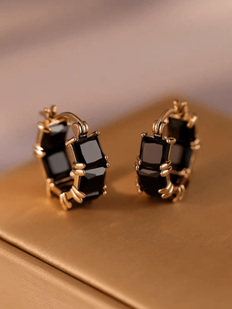 1pair Women's Simple & Fashionable Black Zirconia Decor Ear Hoop, Unique Design Daily Earrings, Birthday Gift