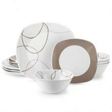VEWEET 12 Pieces Dinnerware Set, White Set, Round And Square, Ceramic Decal, Porcelain Dinnerware, Dinner Plates, Dessert Plates And Bowls For 4 Person