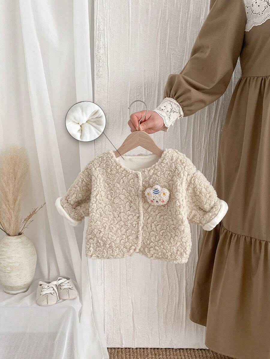 Áo khoác Teddy thêu hoa cho bé gái - Màu Khaki - Xem 1