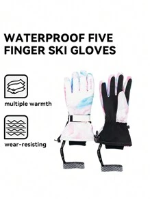 VECTOR MOTION 5-Finger Ski Gloves Unisex, With Leash, Thickened, Waterproof, Anti-Slip, Wear-Resistant, Hook And Loop Separate Finger Gloves, Suitable For Skiing, Snowboarding, Hand Warmer, Winter Gloves, Snow Gloves