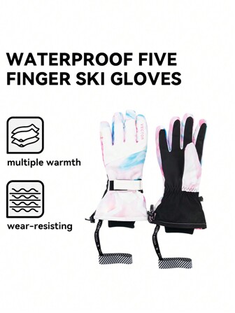 VECTOR MOTION 5-Finger Ski Gloves Unisex, With Leash, Thickened, Waterproof, Anti-Slip, Wear-Resistant, Hook And Loop Separate Finger Gloves, Suitable For Skiing, Snowboarding, Hand Warmer, Winter Gloves, Snow Gloves