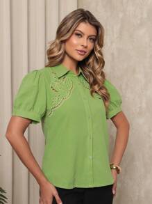 ONLYONE - WOMEN'S PUFFED SLEEVE BLOUSE WITH EMBROIDERY DESIGNS ON THE FABRIC - WOMEN'S BLACK BLOUSES - 綠色 - 查看 4