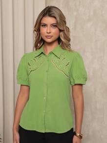 ONLYONE - WOMEN'S PUFFED SLEEVE BLOUSE WITH EMBROIDERY DESIGNS ON THE FABRIC - WOMEN'S BLACK BLOUSES - 綠色 - 查看 5