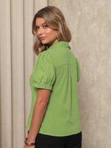 ONLYONE - WOMEN'S PUFFED SLEEVE BLOUSE WITH EMBROIDERY DESIGNS ON THE FABRIC - WOMEN'S BLACK BLOUSES - 綠色 - 查看 2