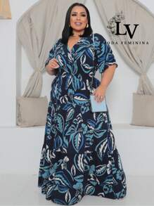 Plus Size Long Dress V Neck Short Sleeve - Navy Blue Estam. - View 3