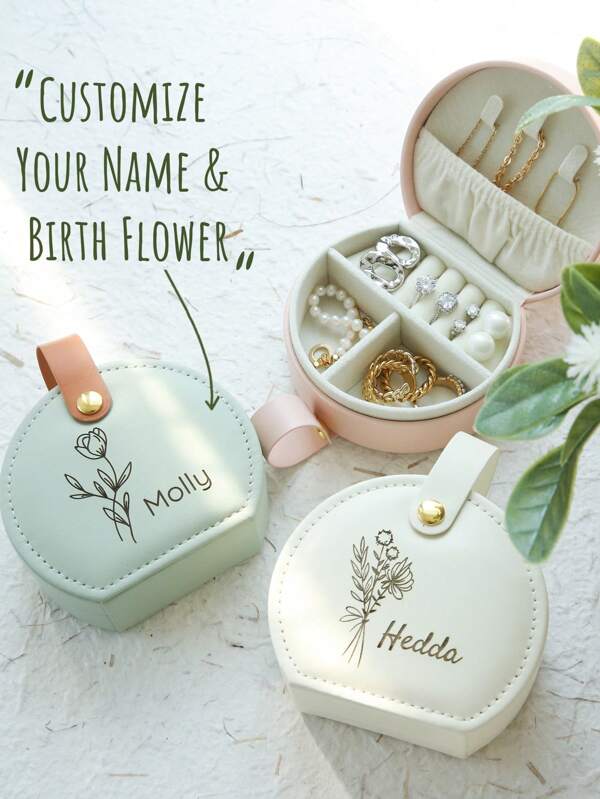 1pc Personalized Travel Jewelry Box Customized Name And Birth Flower Jewelry Case Small Square Earring Organizer With A Handle Bridesmaid Proposal Gifts Box For Sister Friend, Cute, Adorable, Colorful, Y2K, Stylish, Unisex, Casual, Hipster, Custom, Personalized, Unique, Customized, Ideal Gifts For Him, Ideal Gifts For Her, Boyfriend, Girlfriend, Family, Friends, Grandparents, Children, Her, For Anniversaries, For Birthdays, For Weddings, For Graduation, For Housewarming, Travel Accessories