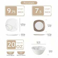 VEWEET 12 Pieces Dinnerware Set, White Set, Round And Square, Ceramic Decal, Porcelain Dinnerware, Dinner Plates, Dessert Plates And Bowls For 4 Person
