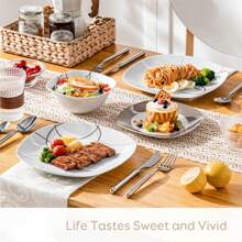 VEWEET 12 Pieces Dinnerware Set, White Set, Round And Square, Ceramic Decal, Porcelain Dinnerware, Dinner Plates, Dessert Plates And Bowls For 4 Person