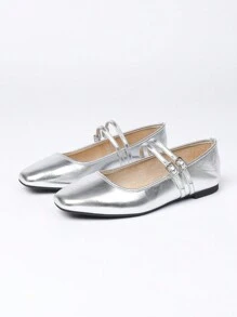 Women's Silver Square Toe Flat Shoes With Fashionable Single Buckle Strap, Simple Design Elegant Casual French Retro Mary Jane Flat Loafers Suitable For Daily Commute And Gathering