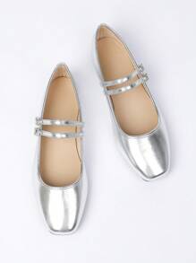 Women's Silver Square Toe Flat Shoes With Fashionable Single Buckle Strap, Simple Design Elegant Casual French Retro Mary Jane Flat Loafers Suitable For Daily Commute And Gathering
