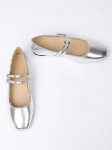 Women's Silver Square Toe Flat Shoes With Fashionable Single Buckle Strap, Simple Design Elegant Casual French Retro Mary Jane Flat Loafers Suitable For Daily Commute And Gathering